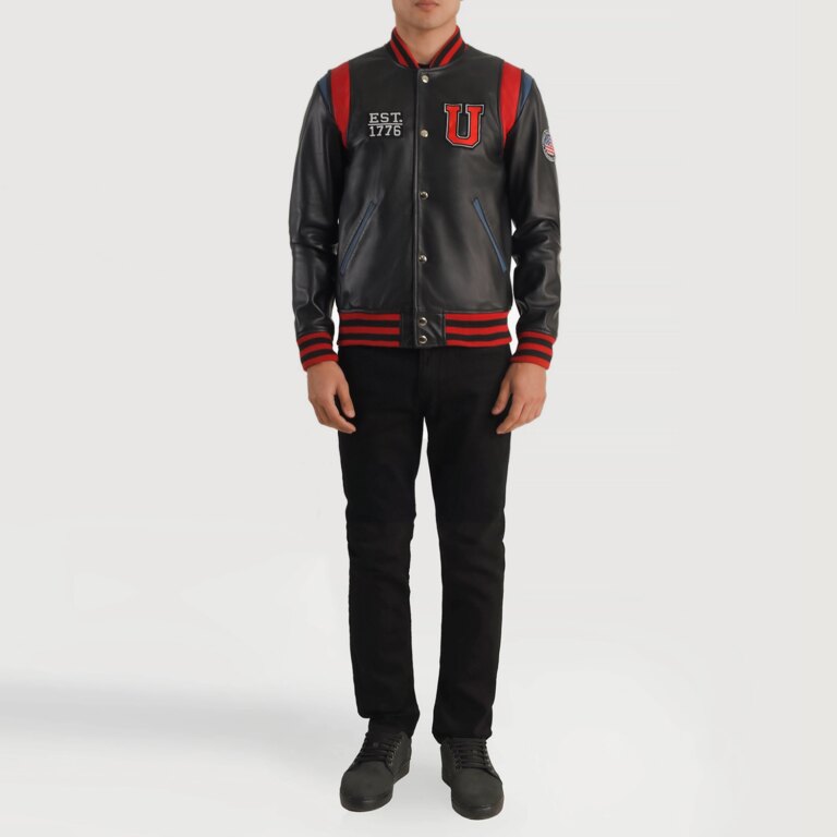 Mens Liberte USA Black Leather Varsity Jacket Full Length-2-1704118652778